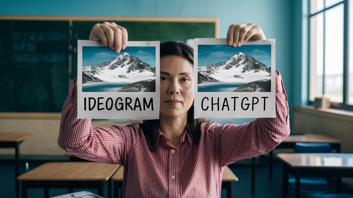 A teacher holding up two images comparing the effectiveness of the ai image generations