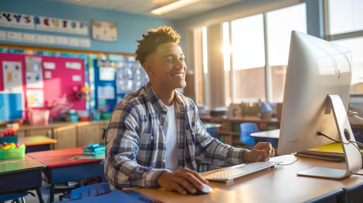 A teacher sat at their desk writing their school reports