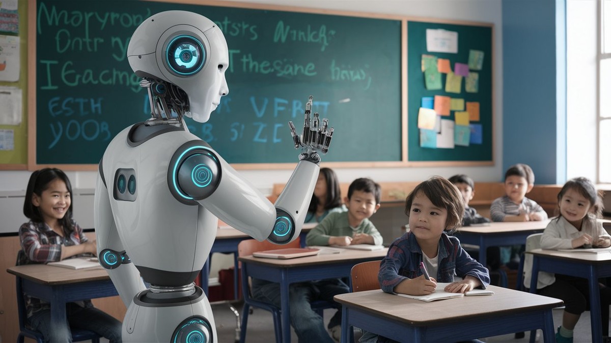 A robot teaching in a classroom surrounded by children