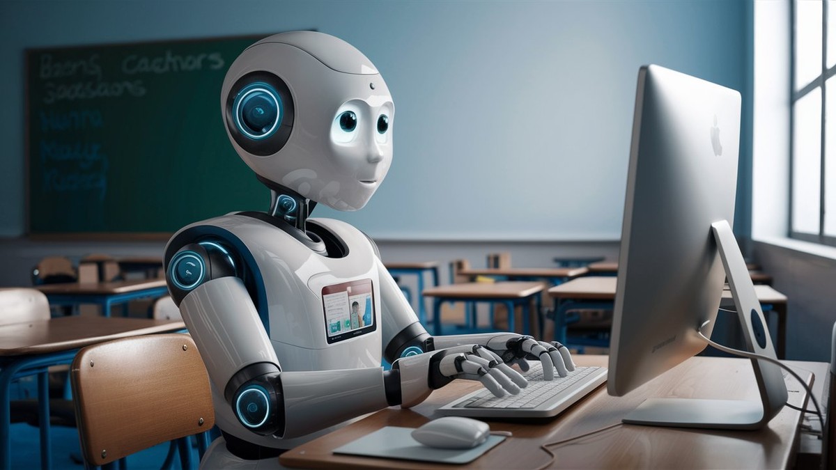 Robot sitting at their desk writing a report for students in their classroom
